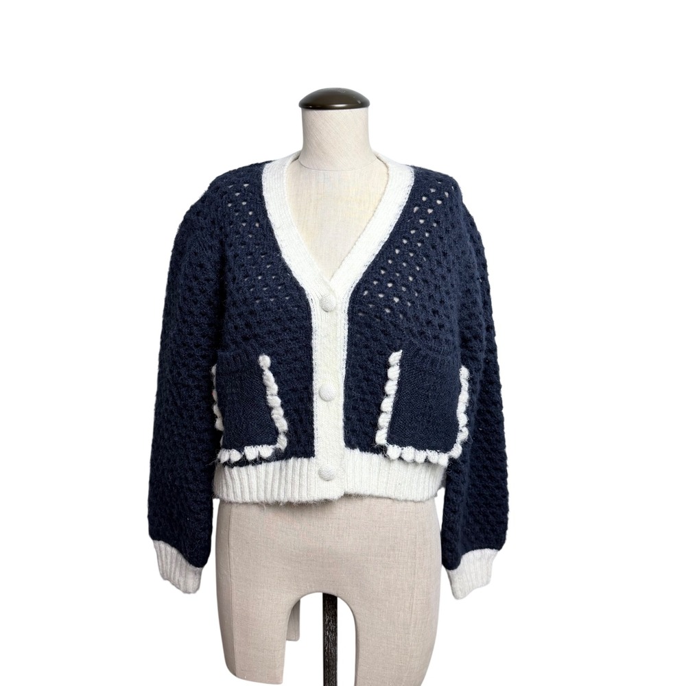 English Factory Navy Blue White Crochet Open Knit Cropped Cardigan Sweater NWT